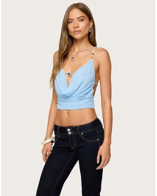 Edikted Blue Beaded Deep Cowl Neck Backless Top