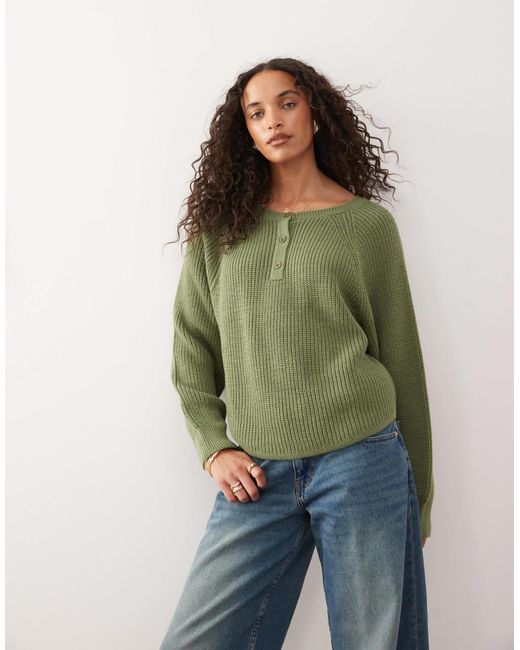 Collusion Green Raglan Button Up Knit Sweater