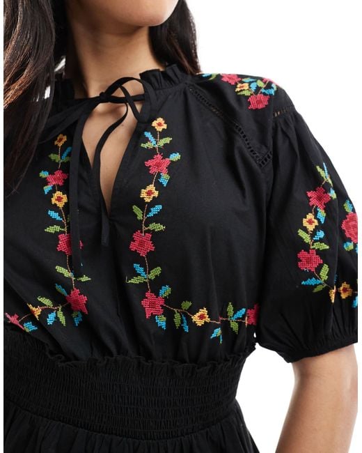 Miss Selfridge Western Embroidered Detail Waisted Mini Dress in Black | Lyst
