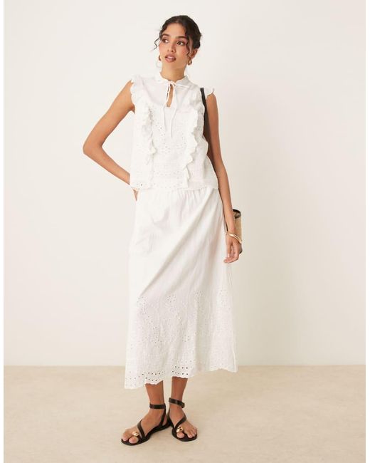Y.A.S White Broderie Frill Detail Tie Neck Top Co-ord