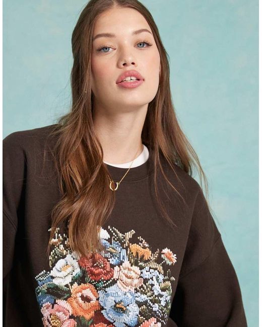 Miss Selfridge Brown Floral Print Oversized Sweatshirt