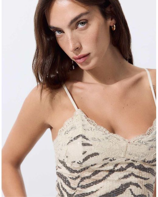 Stradivarius Green Animal Print Sequin Slim Fit Top