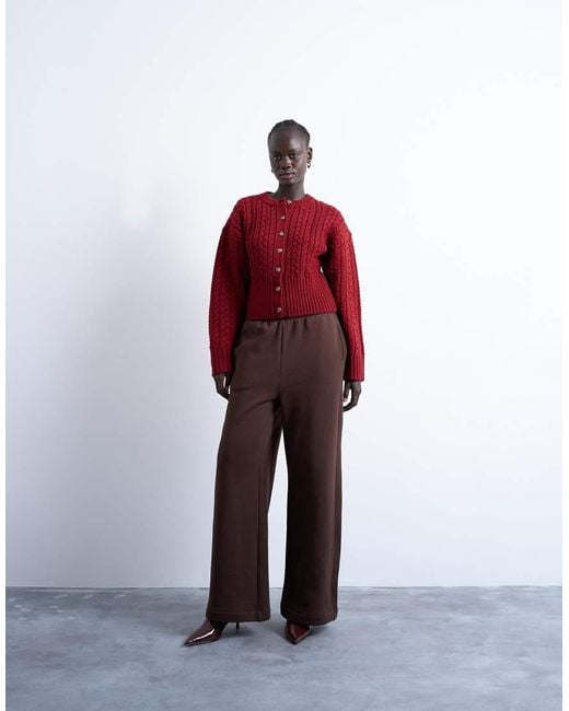 TOPSHOP Red Knit Cable Fitted Waist Cardigan