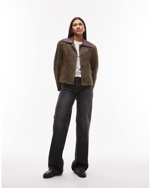 Veste coupe carrée en daim avec col contrastant - kaki Urbancode en coloris Brown