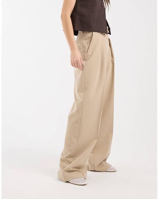 ASOS Natural Tailored Wide Leg Trousers With Pleat Detail