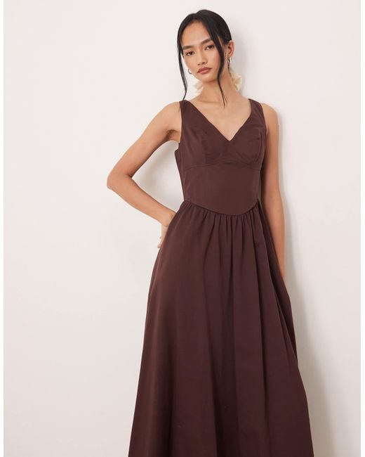 ASOS Brown Waisted V Neck Maxi Sundress With Seaming Details
