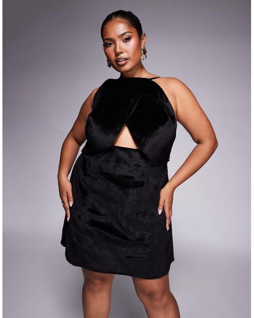 ASOS Black Asos Design Curve Velvet Structured Mini Dress With Cutwork Embellishment