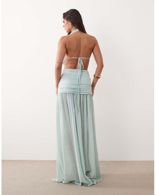 Noughts & Kisses Blue Halterneck Pleated Cinched Waist Sheer Hem Maxi Dress