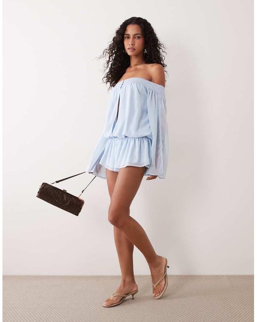 Tiger Mist White Tessie Chiffon Bardot Wide Sleeve Plunge Detail Cinched Waist Playsuit