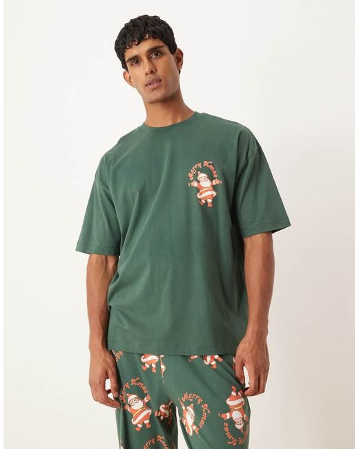 ASOS Green Christmas Pyjama Set With Vintage Santa Graphic for men