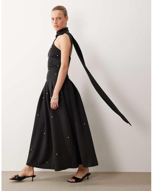 ASOS Black Premium Pearl Embellished Maxi Dress With Scarf Detail
