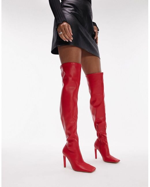 TOPSHOP Red Mollie Over The Knee Heeled Sock Boots