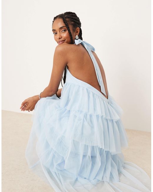 LACE & BEADS Backless Tiered Tulle Maxi Dress in White | Lyst