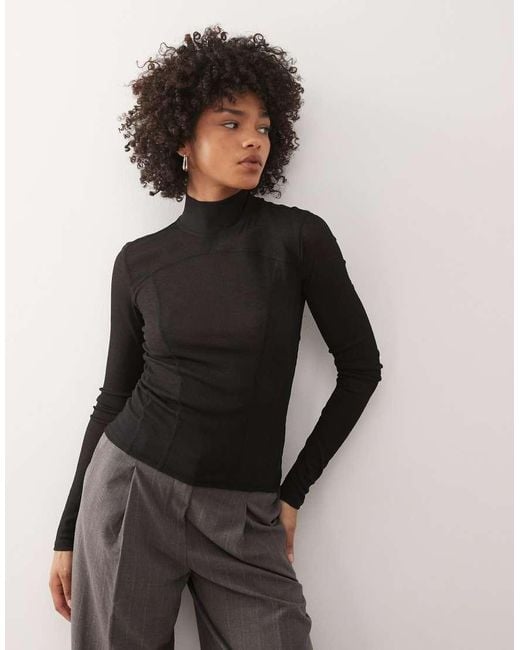 Weekday Black Mesh High Neck Long Sleeve Top With Contour Seam Detail
