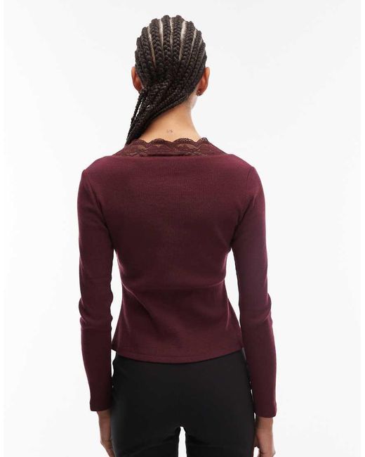 ASOS Purple Sweetheart Lace Trim Rib Long Sleeve Top