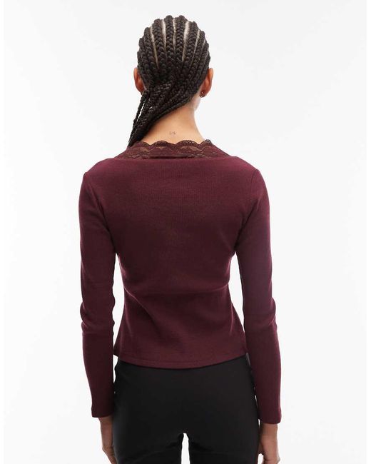 ASOS Geribbelde Top Met Hartvormige Kanten Halslijn En Lange Mouwen in het Purple