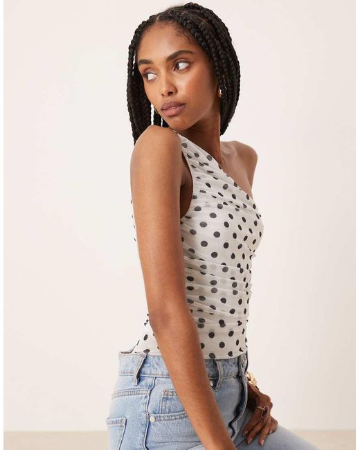 ASOS Natural Polka Dot Mesh Gathered One Shoulder Bodysuit