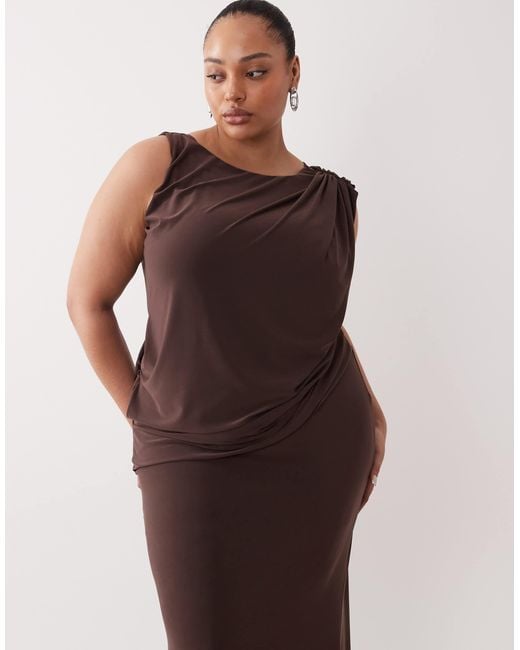 ASOS Brown Asos Design Curve Slinky Asymmetric Drape Maxi Dress With Cowl Back
