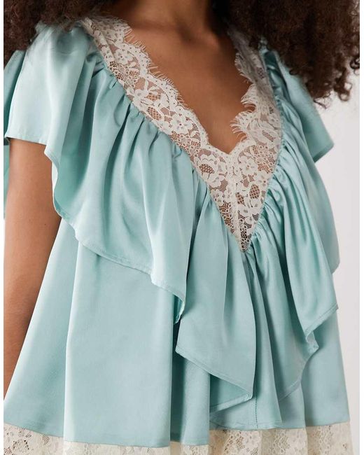 ASOS Blue Lace Insert Satin Tiered Blouse