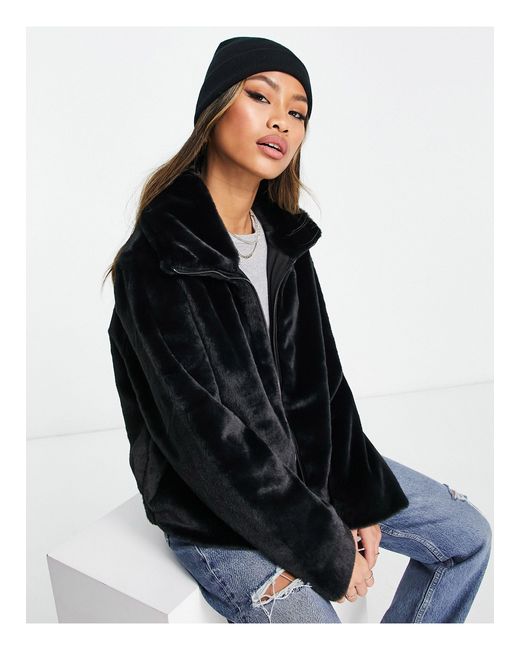 French Connection Black Faux Fur High Neck Bomber Jacket