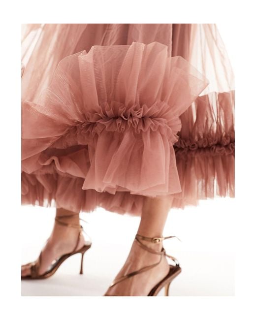 LACE & BEADS Pink Corset Tulle Ruffle Hem Midaxi Dress