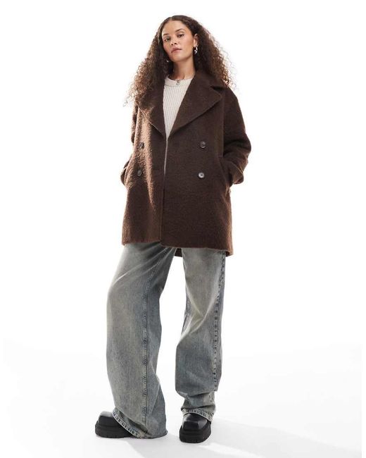 Monki Brown Brushed Fur Double Breasted Coat
