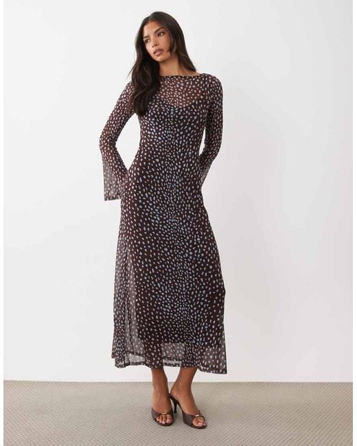 Never Fully Dressed Brown Mesh Overlay Boat Neck Flare Sleeve Maxi Dress