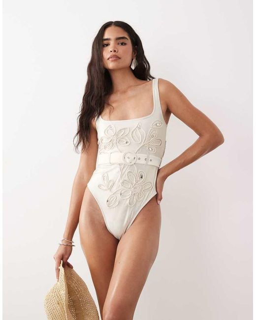 ASOS Natural Cornelli Flower Detail Swimsuit With Belt