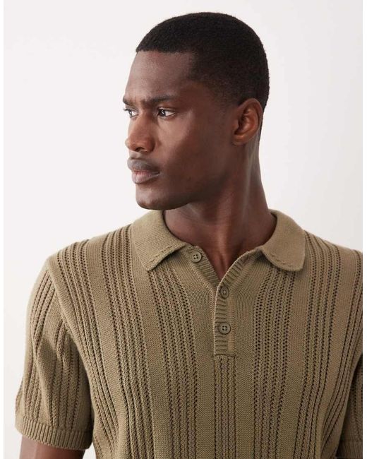 New Look Natural Knitted Ribbed Stripe Polo for men