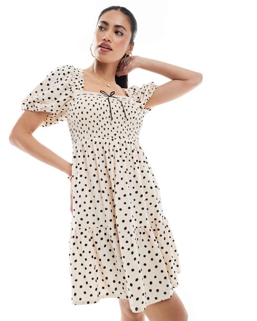 Robe courte tendance folk à pois - crème New Look en coloris White