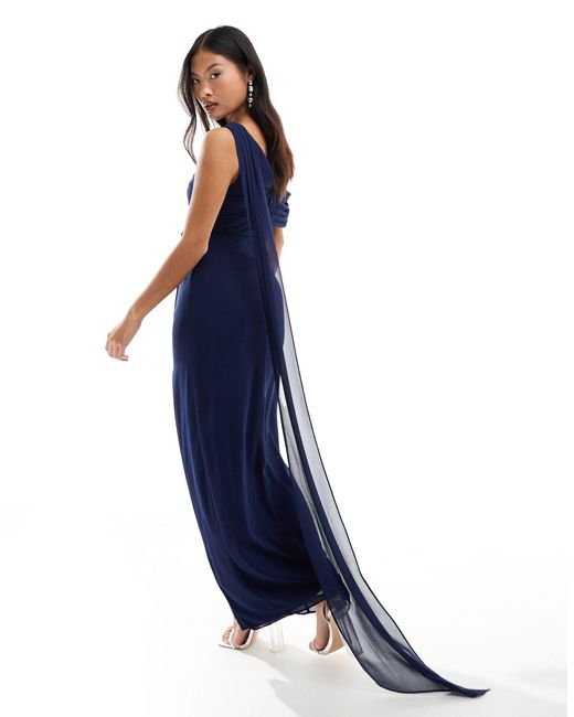 TFNC London Blue Bridesmaid Chiffon Fallen Shoulder Maxi Dress With Drape Detail
