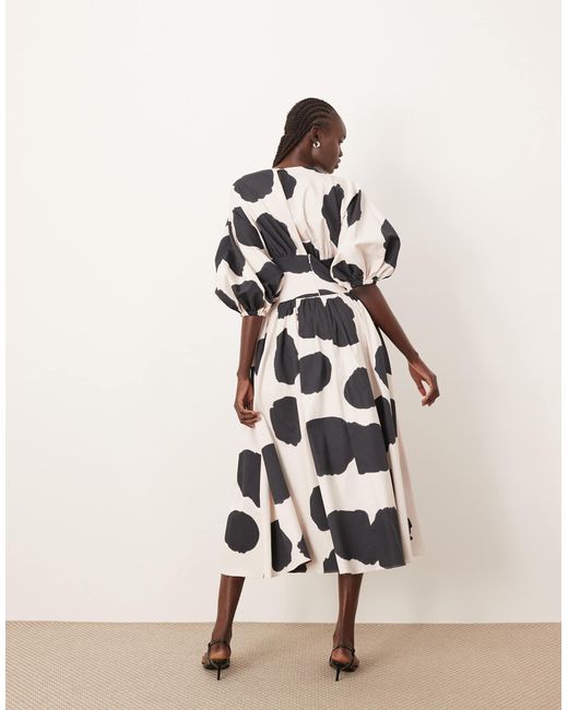 ARRANGE Natural Cotton Cinched Waist Midi Dress With Balloon Sleeve