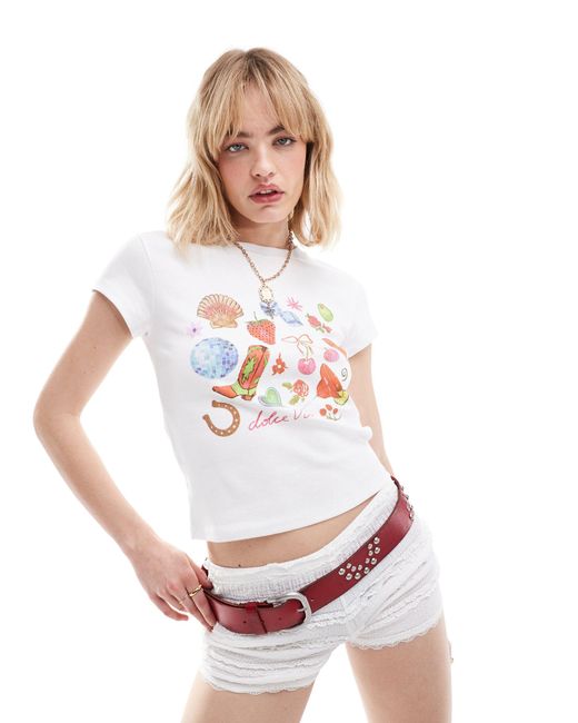 T-shirt corta bianca con stampa cowboy di Reclaimed (vintage) in White