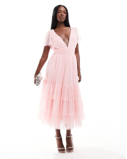L'invitée - madison - robe mi-longue en tulle à col en v - pâle LACE & BEADS en coloris Pink