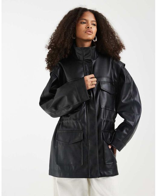 ASOS Black Four Pocket Leather Look Utility Jacket