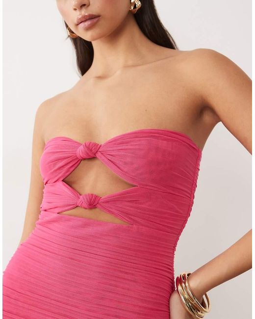 Ruched & Ready Pink Sculpted Mesh Strapless Cut Out Knot Detail Sheer Hem Maxi Dress