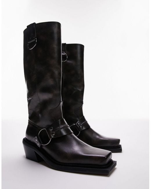 TOPSHOP Black Rain Premium Leather Western Knee Boots