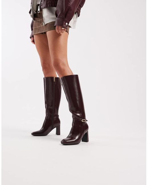 New Look Red Faux Leather Block Knee High Heeled Boots