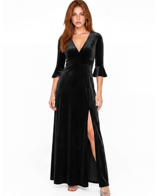 Maya Black Flute Sleeve Velvet Maxi Dress