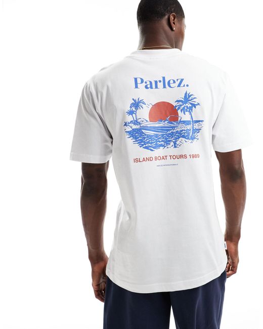 Sol - t-shirt bianca con grafica tropicale di Parlez in White da Uomo