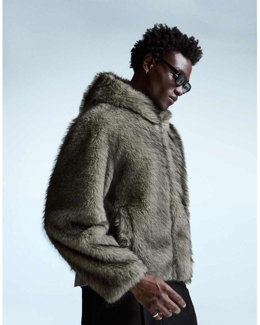 Bershka Gray Hooded Faux Fur Jacket for men