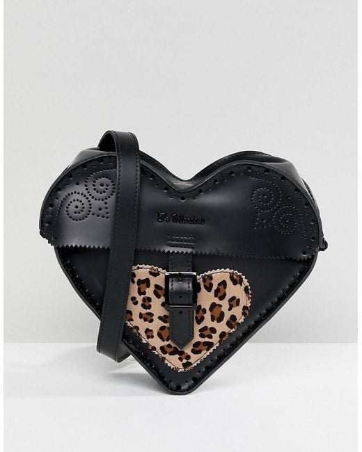 Dr. Martens Black Leather Heart Cross Body Bag With Leopard Contrast