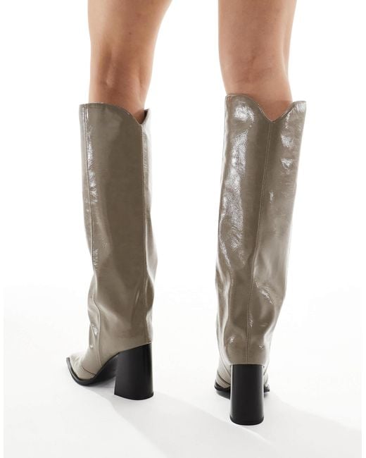 London Rebel Gray Zoe Slouchy Block Heeled Knee Boots