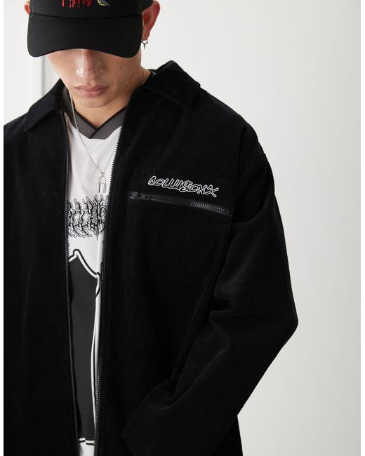 Collusion – oversize-hemdjacke aus em cord mit stickerei in Black für Herren