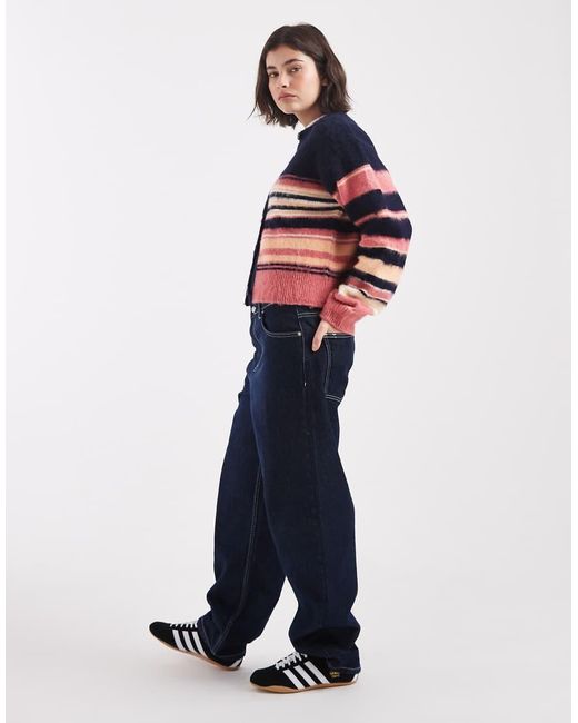 ASOS Blue Brushed Relaxed Stripe Crew Neck Cardigan