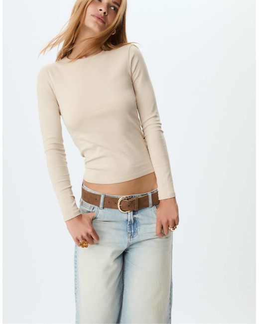 Stradivarius Natural – langärmliges basic-t-shirt