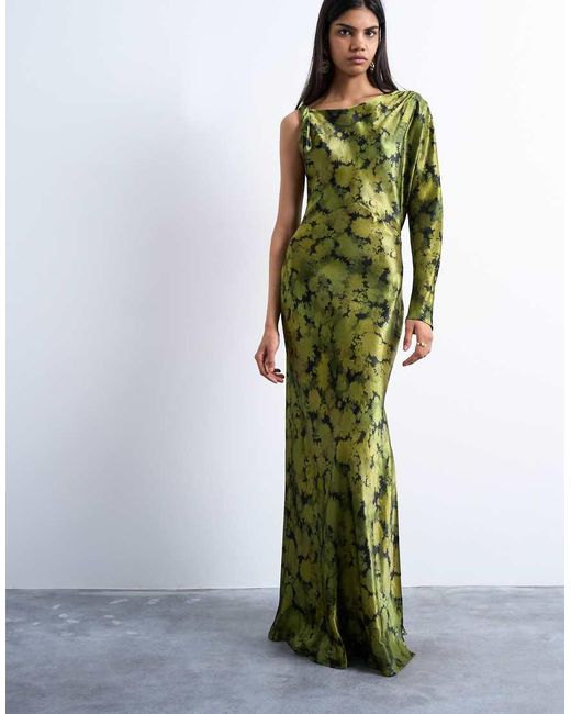 TOPSHOP Green One Sleeve Twist Strap Satin Maxi Dress