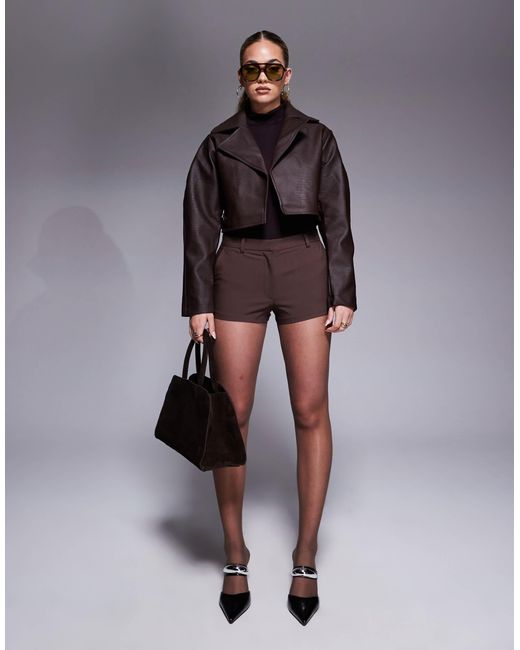 River Island Brown Faux Leather Crop Jacket With Balloon Sleeves
