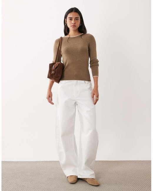 Mango Brown Knit Sweater With Contrast Trim