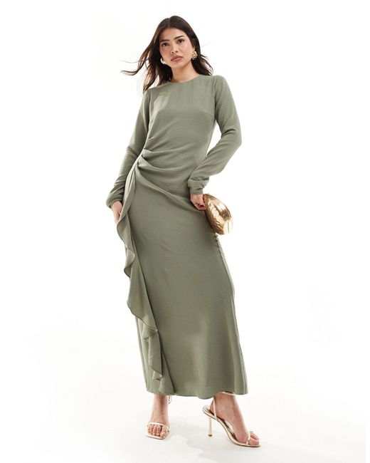 ASOS Green Ruched Waist Asymmetric Hem Maxi Dress